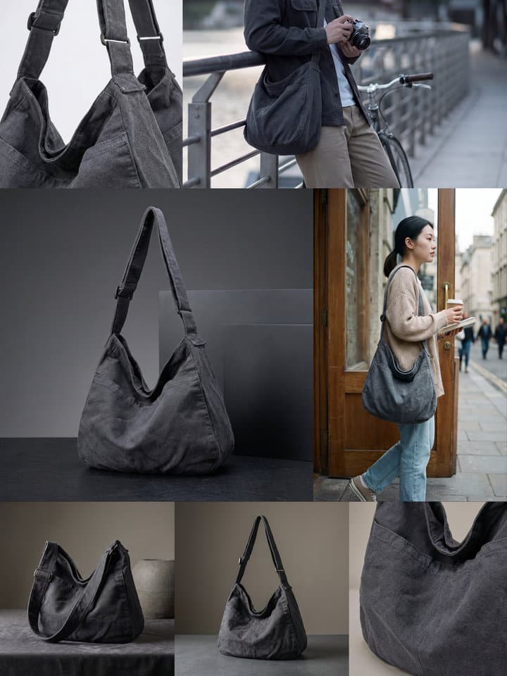 AI-generated multi-purpose product images including detail shots, model scenes, and still life photography