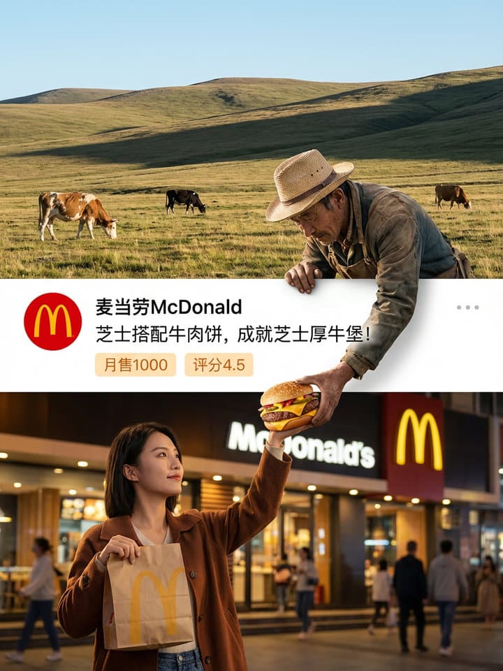 AI-generated three-panel brand creative poster with split-screen storytelling